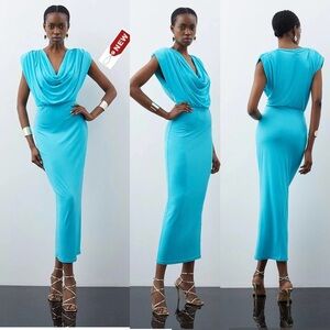 Karen Millen BLUE COWL NECK JERSEY MAXI DRESS Sz 10 Tall NWT Aqua cocktail party